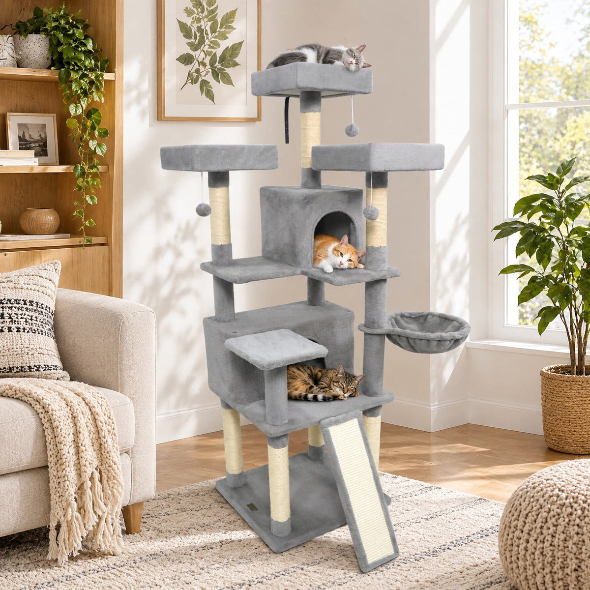 Airfind 65 Inch Tall Multi-level Cat Tree with 3 Upholstered Perch and 2 Cat Condos, Fabric Sisal Engineered Wood Overall Height 65 Inch Base Frame