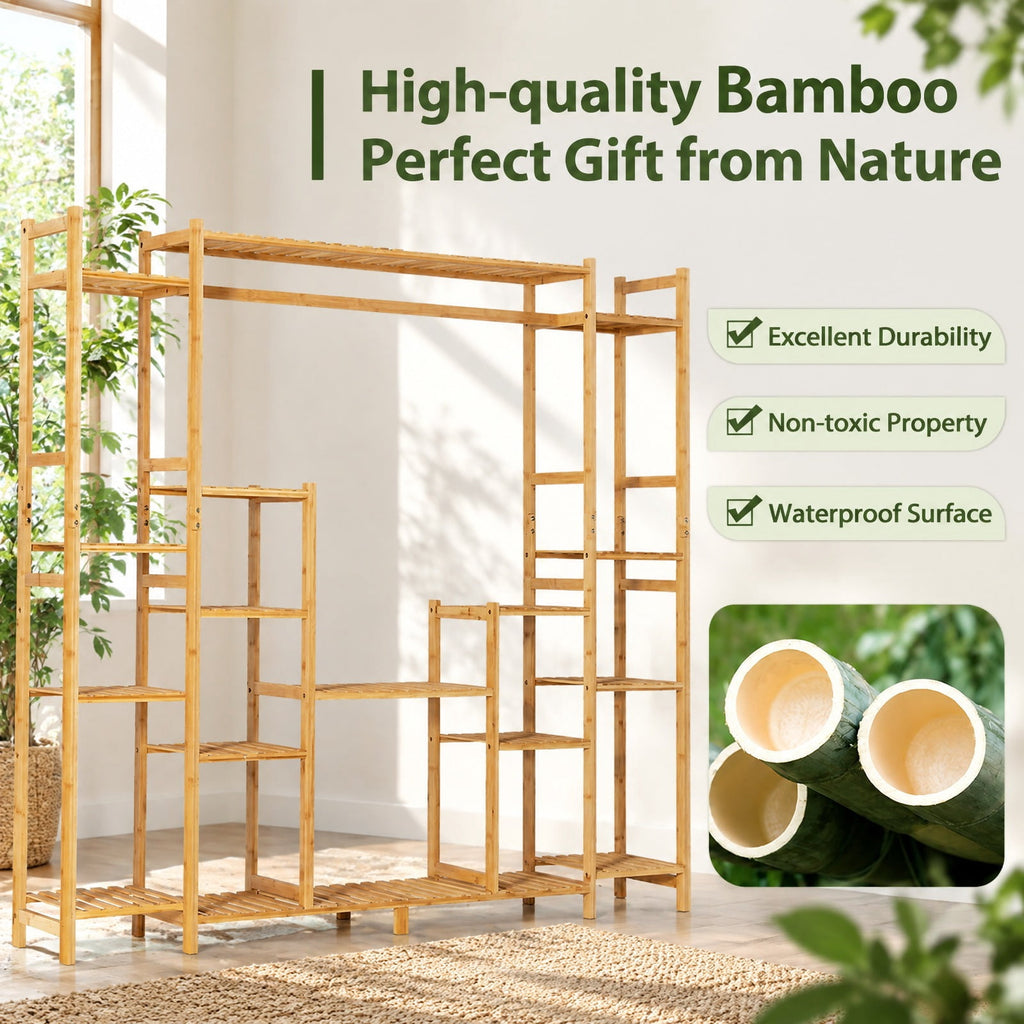 Airfind 9, Bamboo Frame, 66 X 12 X 65.5 (L x W x H) Load capacity of each shelf: 22 lbs Load capacity of hanging rack: 11-22 lbs Footprint