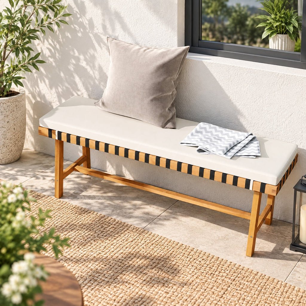 Airfind 48 inch Acacia Wood Outdoor Bench with Thick Padded Seat Cushion, 800 lbs Capacity, Acacia Wood Weaving Ropes Polyester Fabric Sponge Frame