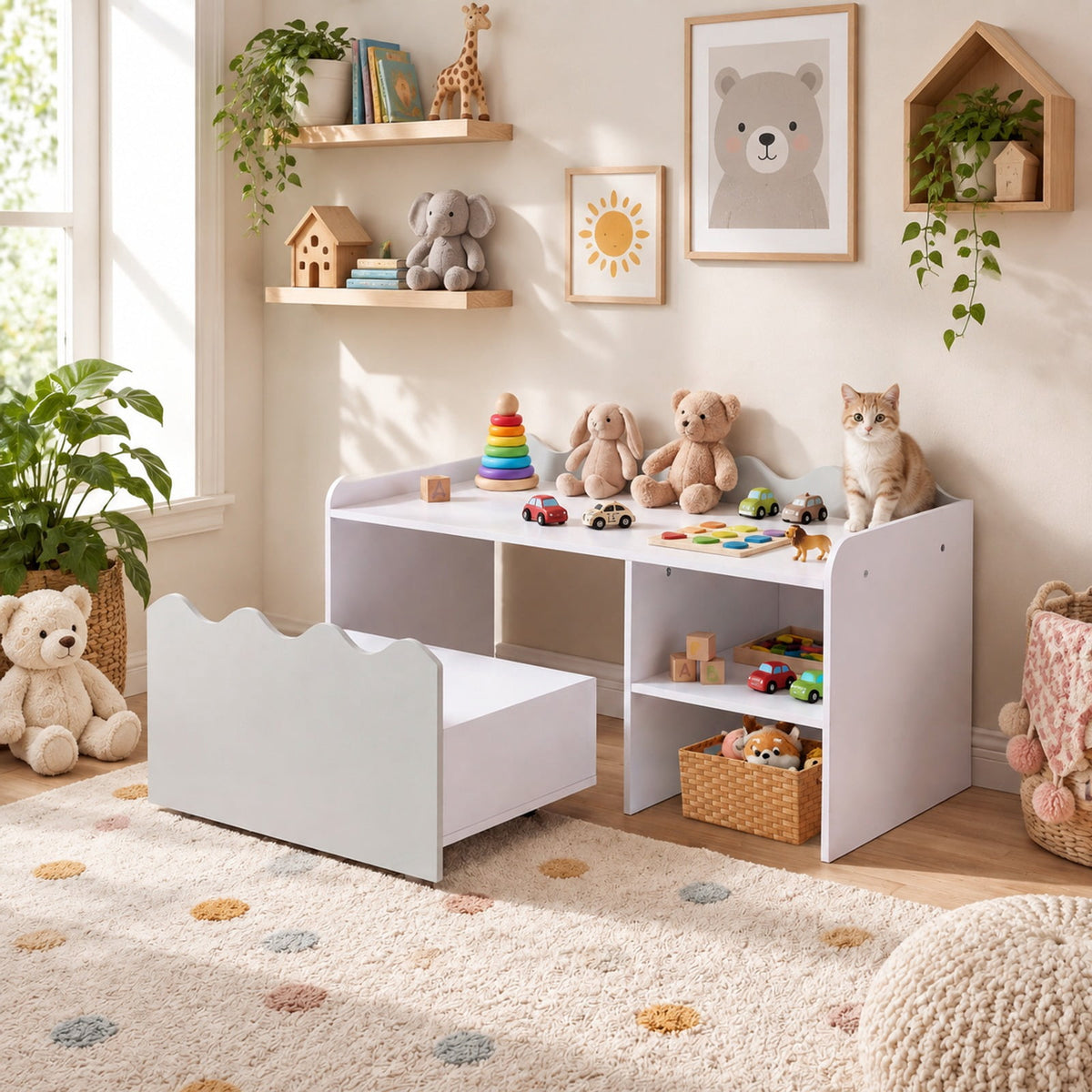 Airfind Scalloped Kids Bookshelf and Toy Storage Organizer for Playroom, 77 lbs Capacity, MDF Frame, for 3+ Years Old, 35 Inch x 16 Inch x 18 Inch Footprint