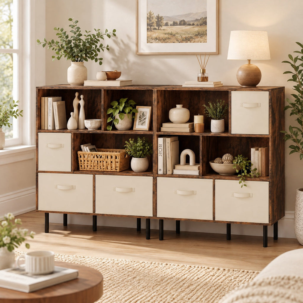 Airfind 6-Cube Bookshelf with 3 Removable Folding Fabric Drawers for Living Room, 330 lbs Capacity, Metal Engineered Wood Frame, Brown
