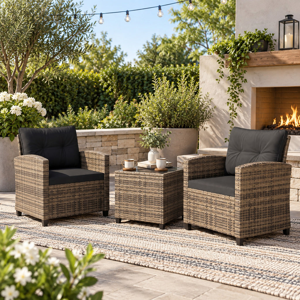 Airfind 3 Pieces Patio Furniture Set with Tempered Glass Coffee Table-Black Brown, 400 lbs Capacity, 25.5 x 26 x 30 Footprint, Coffee