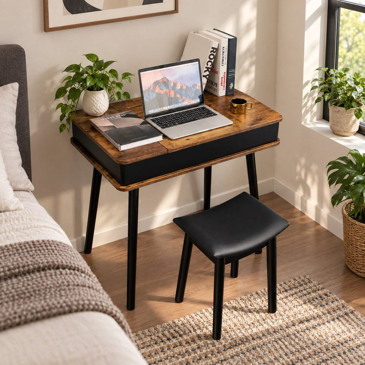 Airfind Vanity Table Set with Flip Top Mirror Lights USB Writing Desk and Stool, 99 Lbs Capacity, MDF Pine Wood Glass Sponge PU Leather, Brown