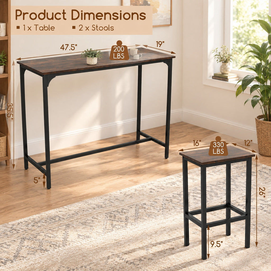 Airfind Industrial 3-Piece 47.5 Counter-Height Dining Table and 2 Bar Stools, 200 lbs Capacity, Metal Engineered Board Frame, Coffee