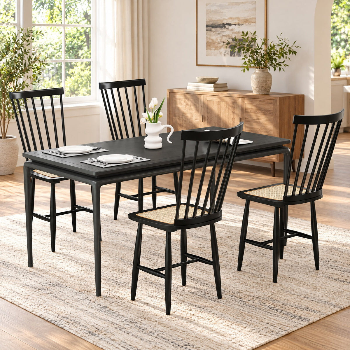 Airfind Farmhouse Solid Rubber Wood Dining Chairs Set of 2 with PE Rattan Seats, 420 lbs Capacity, Rubber Wood PE Rattan Frame, Black