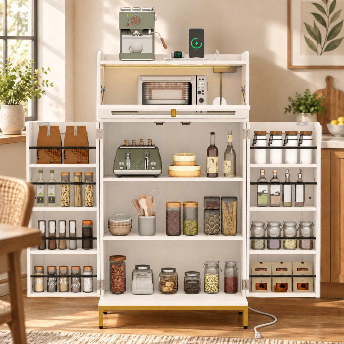 Airfind Kitchen Pantry Cabinet Freestanding Food Storage Cupboard, 70 lbs Capacity, MDF Metal Acrylic Frame, 23.5in x 12in x 43.5in Footprint, White