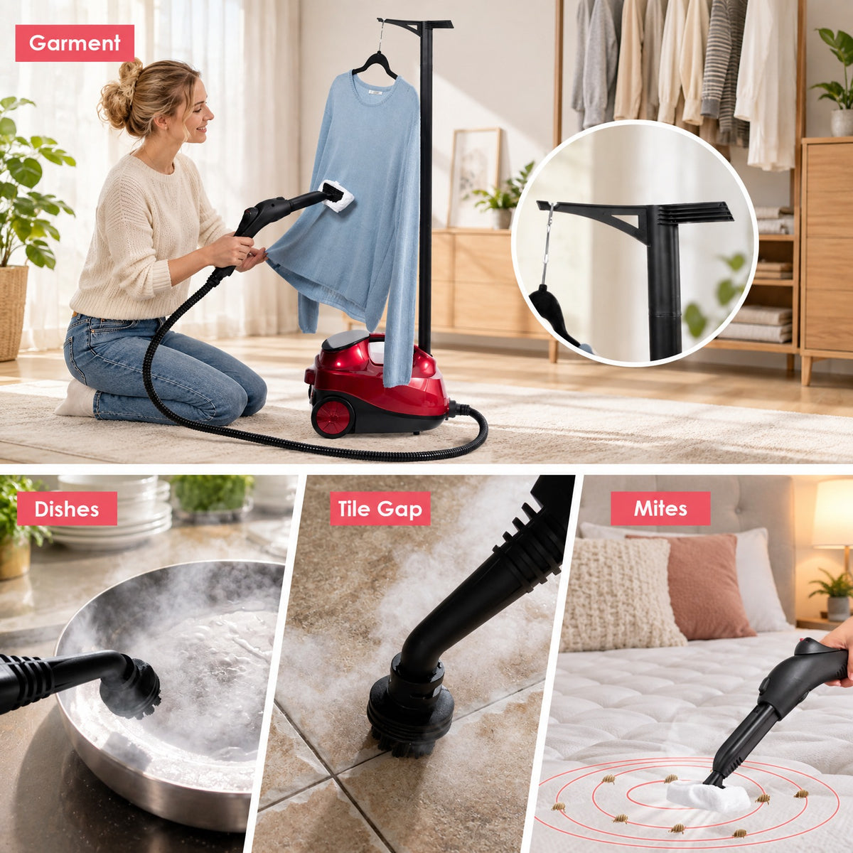 Airfind 2000W Heavy Duty Multi-purpose Steam Cleaner Mop with Detachable Handheld Unit, ABS Frame, : 10 x 17 x 10 Footprint, Red