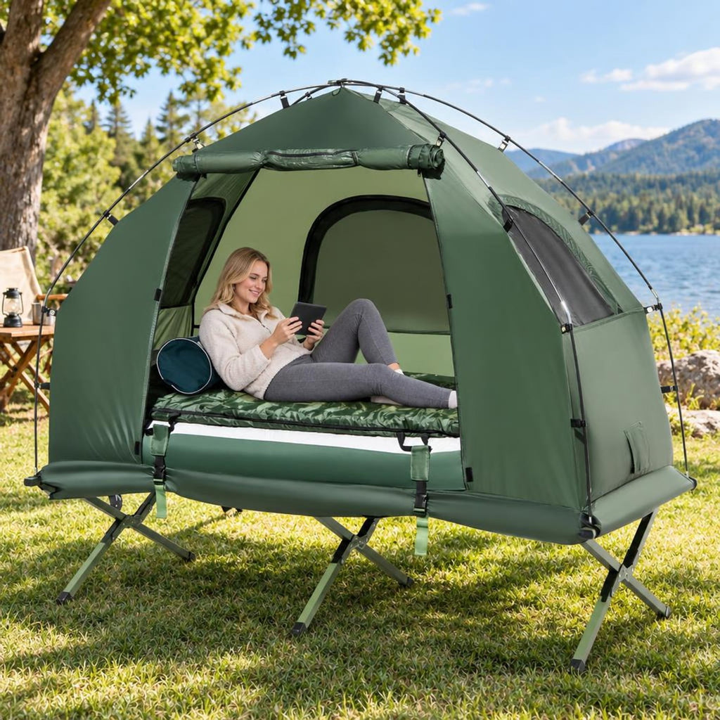 Airfind 1-Person Folding Camping Tent with Sunshade and Air Mattress, 300 lbs Capacity, 77 Inch x 35 Inch x 66 Inch Footprint, Green