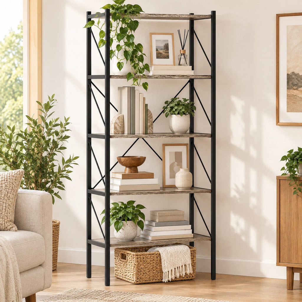Airfind 5-Tier Bookshelf with Open Shelves and Heavy Duty Metal Frame, 220 lbs Capacity, Metal Engineered Wood Frame, Brown