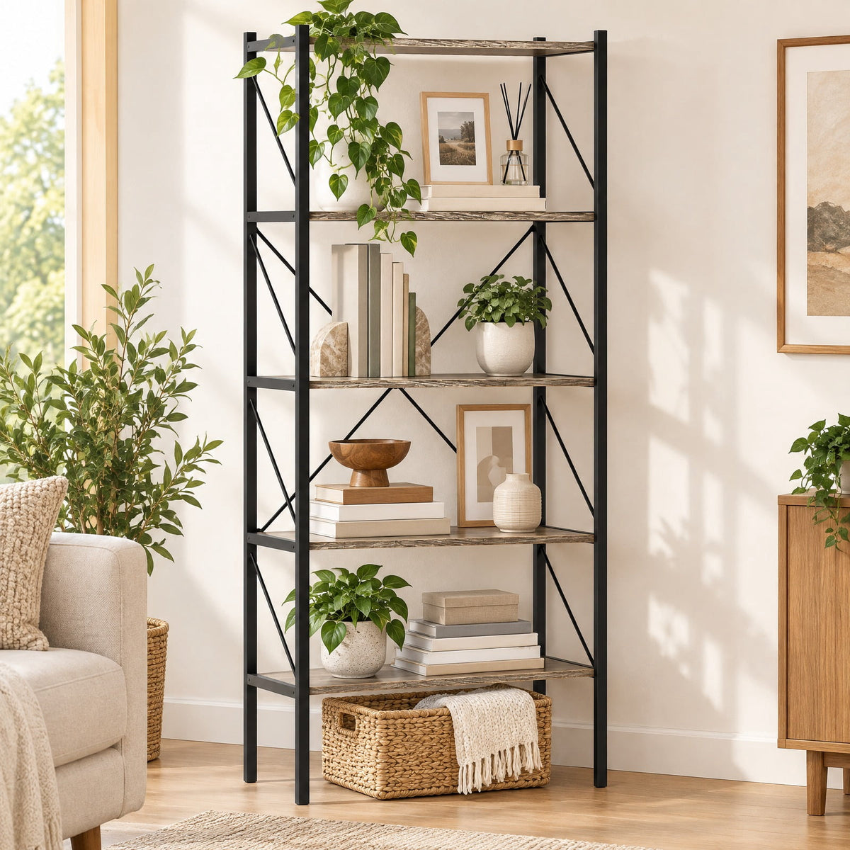 Airfind 5-Tier Bookshelf with Open Shelves and Heavy Duty Metal Frame, 220 lbs Capacity, Metal Engineered Wood Frame, Brown