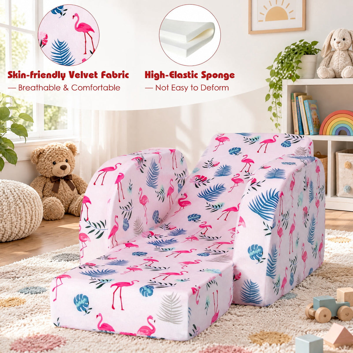 Airfind 3-in-1 Convertible Kid Sofa Bed Flip-Out Chair Lounger for Toddler, 66 lbs Capacity, Velvet fabric sponge Fully expanded Frame, Pink