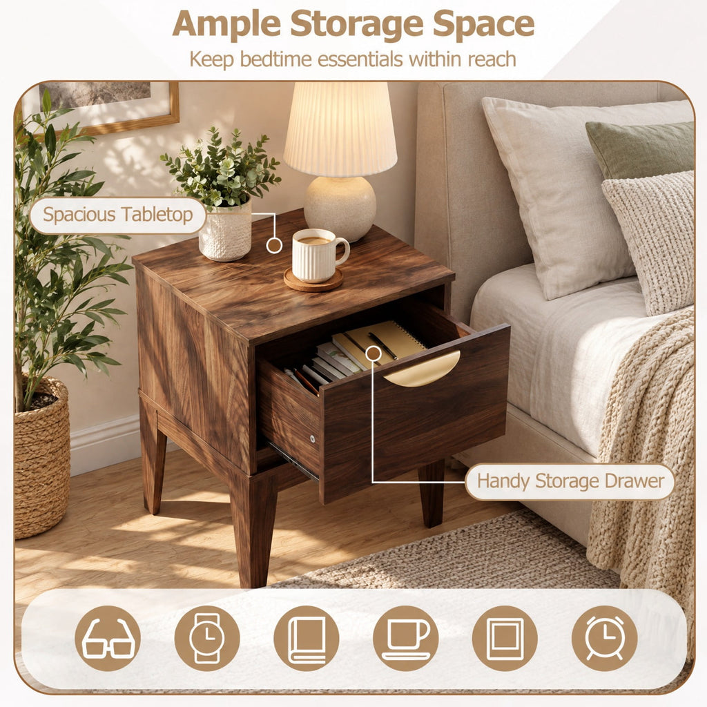 Airfind Mid Century Modern Bedside Table with Drawer and Tapered Support Feet for Bedroom, 45 lbs Capacity, Engineered Wood MDF Metal Frame, Walnut
