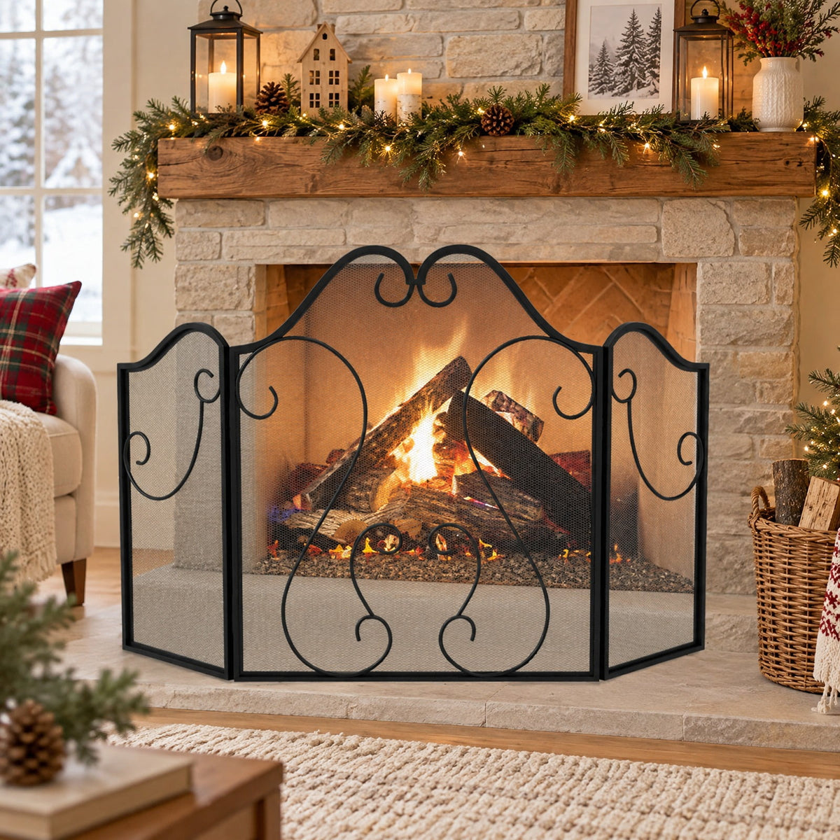 Airfind 3 Panel Fireplace Screen Foldable Spark Guard Cover with Decorative Scroll, Metal Frame, 40 × 24 Footprint, Black
