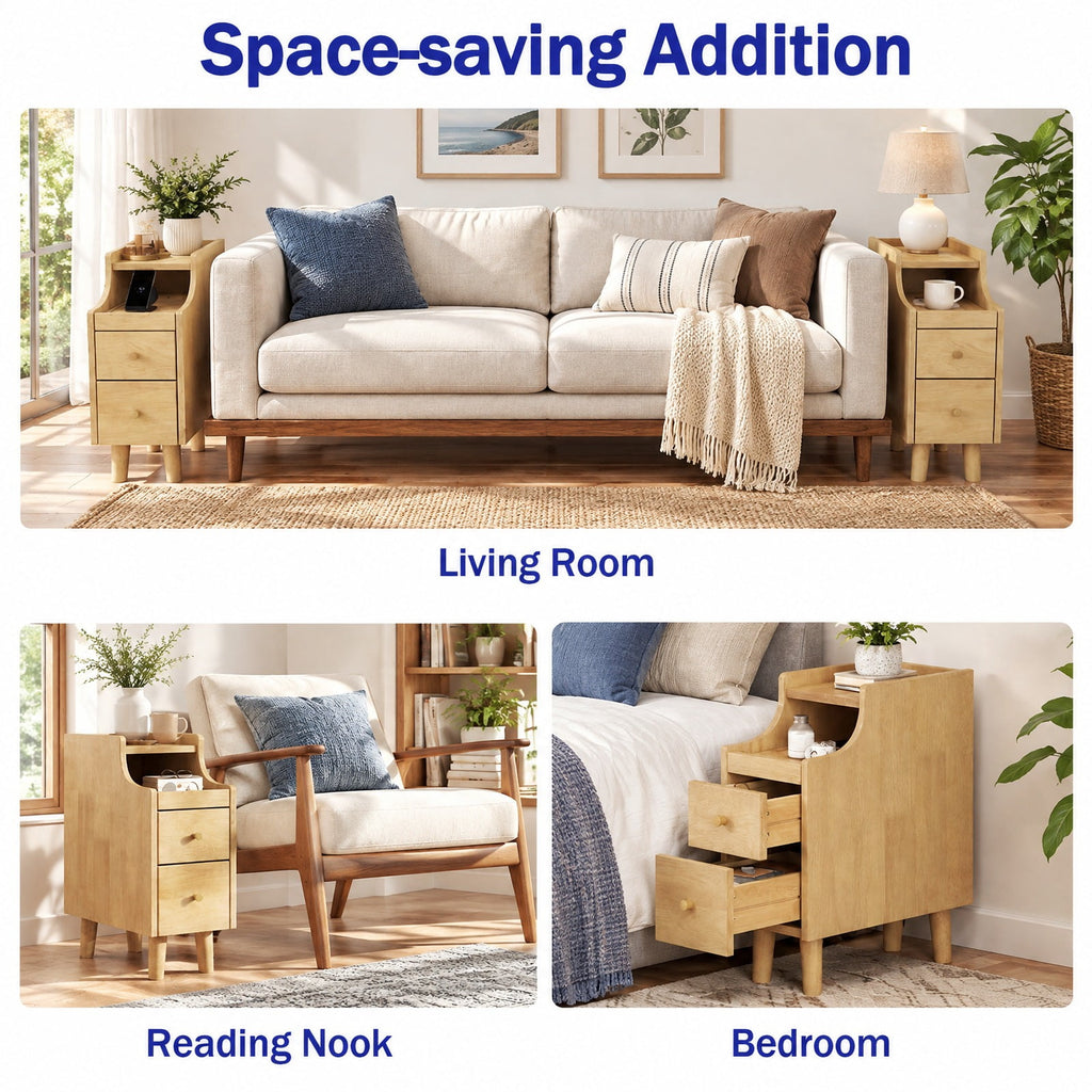 Airfind Solid Wood Night Side Table Narrow Bedside Table Nightstand with Pull-out Tray and 2 Storage Drawers, 55 lbs Capacity, Natural