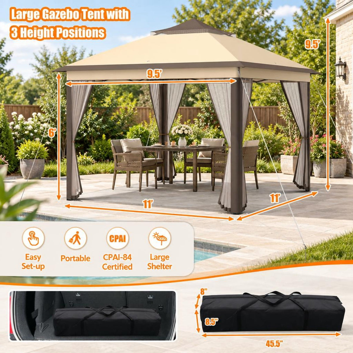 Airfind 2-Tier Pop-Up Gazebo Tent Portable Canopy Shelter Carry Bag Mesh, Polyester fabric steel pipe Frame, Brown