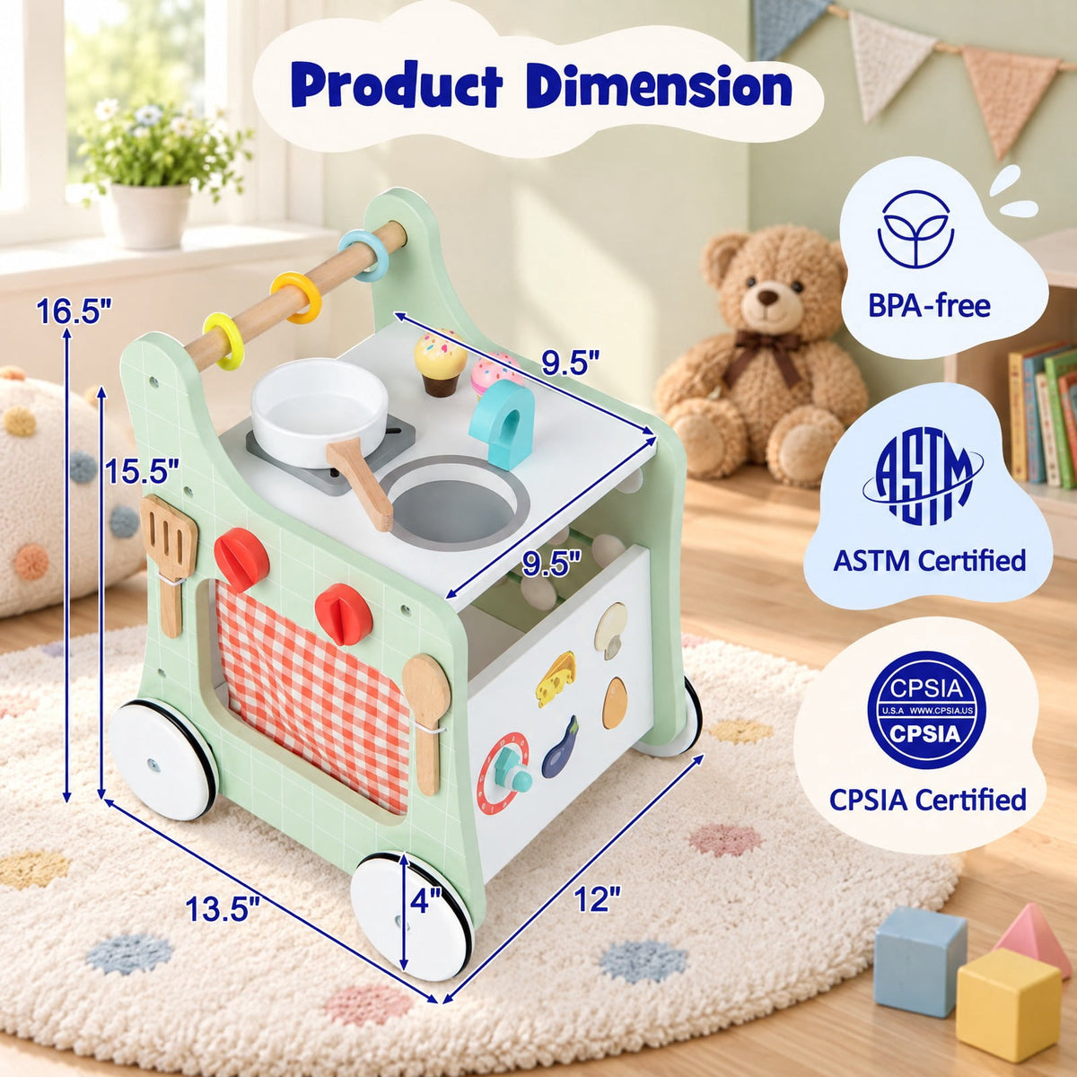 Airfind 6-in-1 Wooden Baby Stroller with Play Kitchen for Kids Over 12 Months, MDF Beech Wood Plastic Frame, 12 x 13.5 x 16.5 Footprint, Green