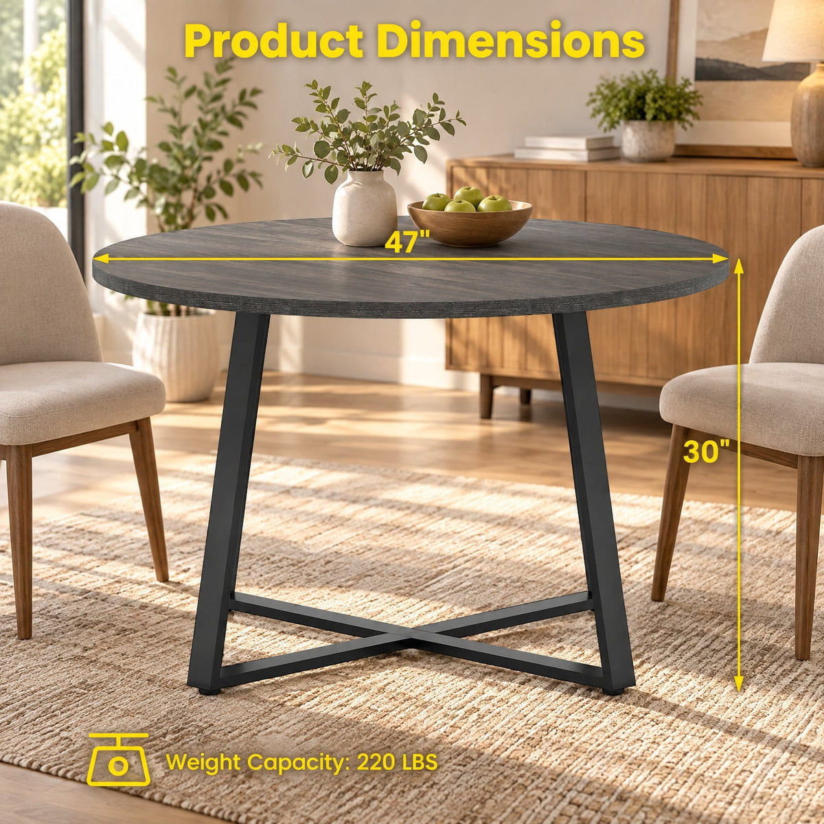Airfind 47 Inch Round Dining Table with Stable X-shaped Base and Round Thickened Tabletop, 220 Lbs Capacity, Engineered Wood Metal, Gray Oak, Gray