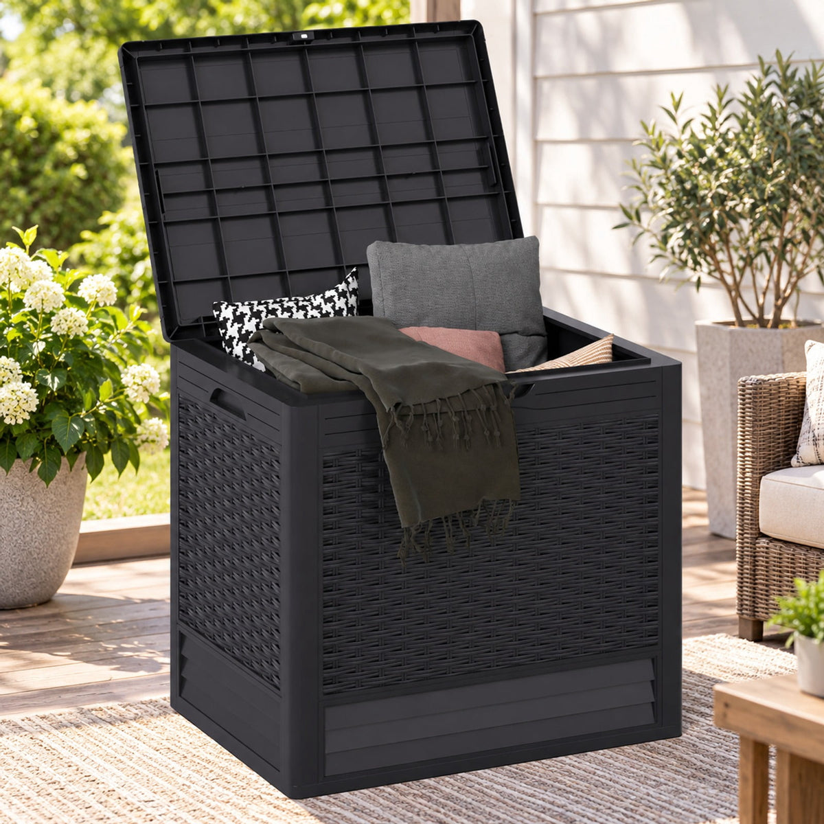 Airfind 25 Gallon Outdoor Storage Box with Rattan Patterns, 180 lbs Capacity, PP Frame, 23 x 17 x 21 Footprint, Brown
