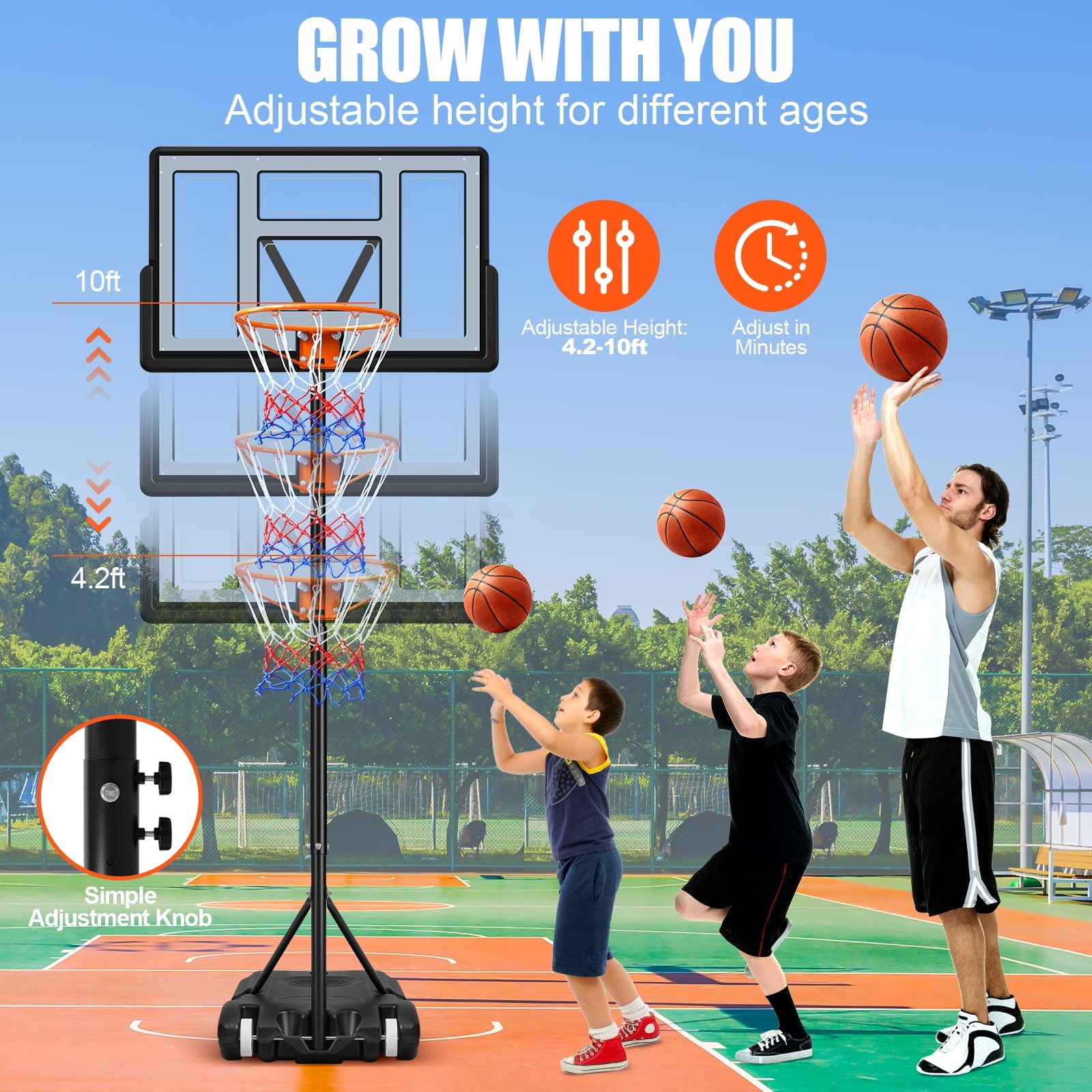 Airfind Portable Basketball Hoop 44in Backboard 5.7-10ft Adjustable with Wheels