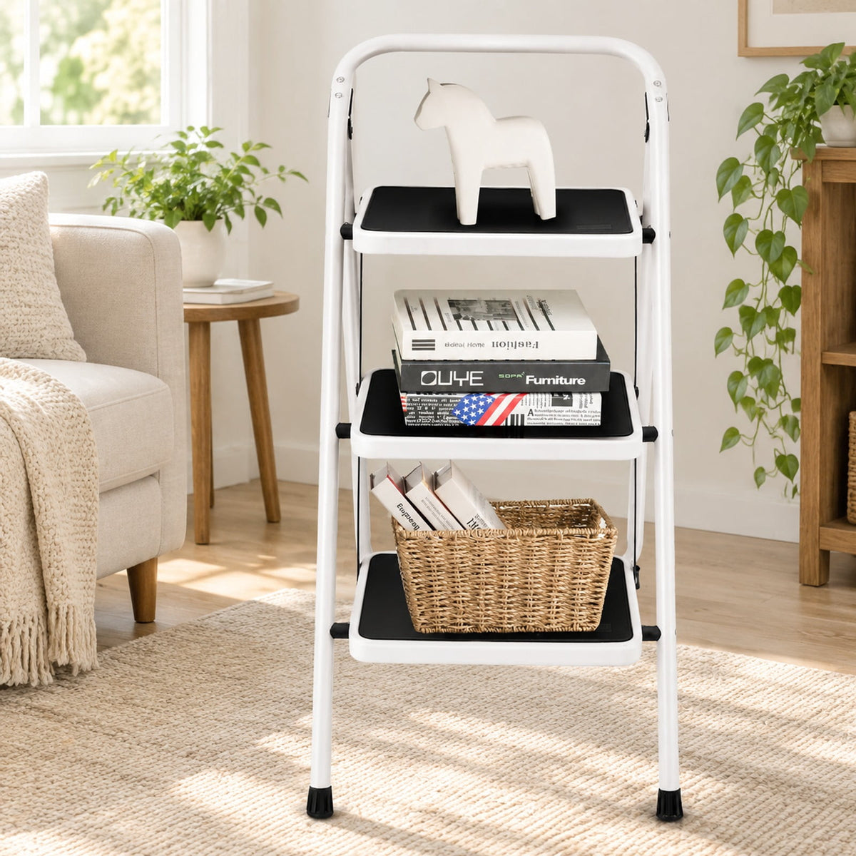 Airfind Folding 3-Step Ladder with Handgrip and Anti, 330 lbs Capacity, Iron Frame, 19.5 Inch x 26 Inch x 36.5 Inch Footprint, Black white