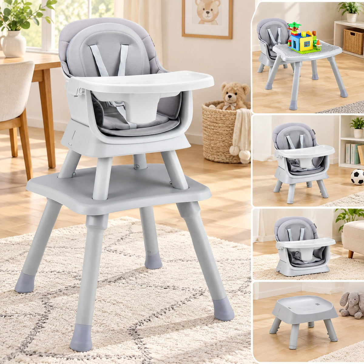Airfind 6-in-1 Convertible Youth High Chair featuring Adjustable Removable Tray, 55 lbs Capacity, PP PU Fabric Frame, for 6-36 Months, Gray