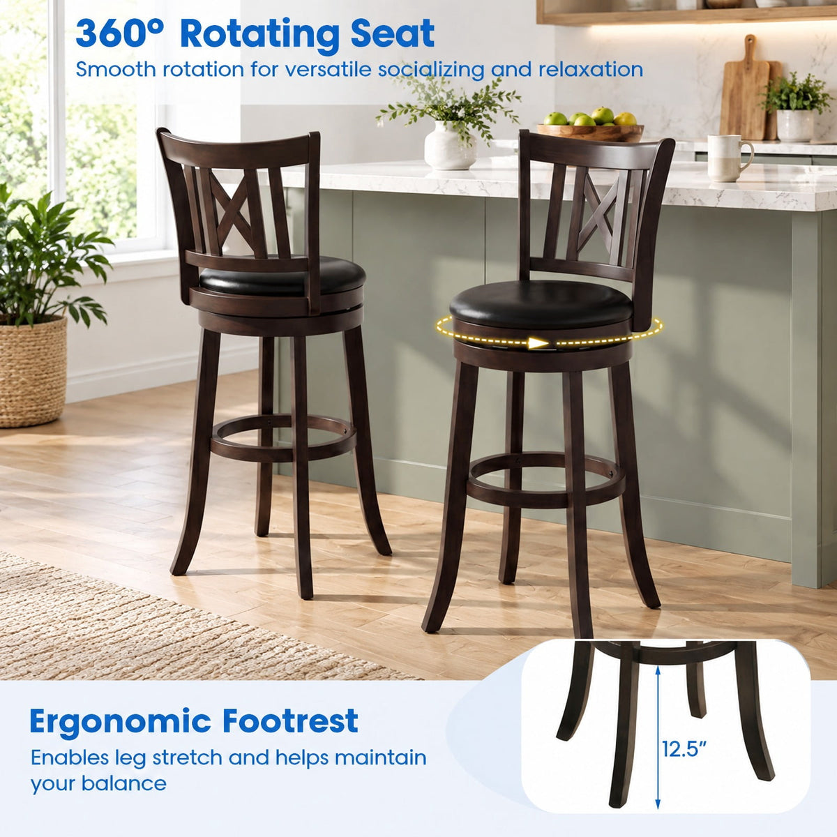 Airfind Set of 4 Bar Stools Swivel Bar Chairs with Hollowed Backrest and Footrest-30 inches, 275 lbs Capacity, 20 Inch x 18 Inch x 39.5 Inch Footprint