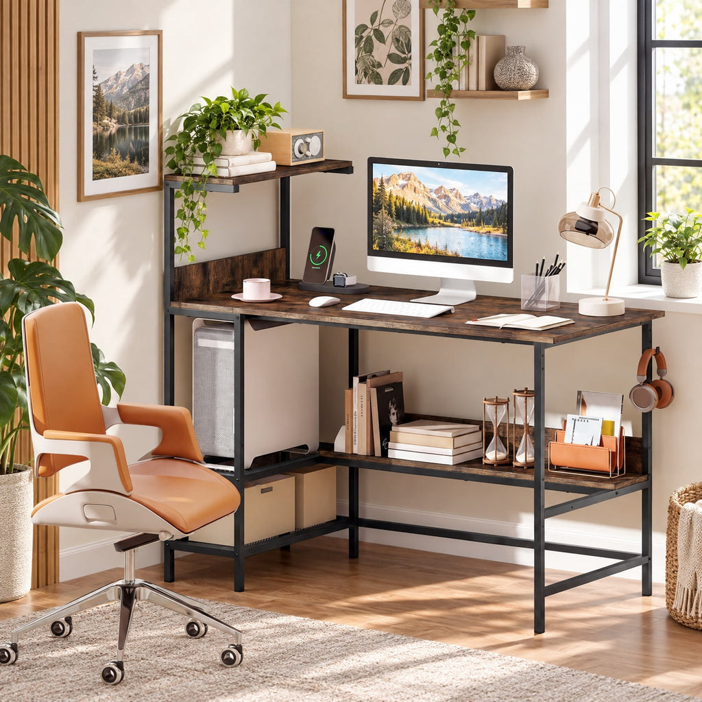 Airfind 48 Inch Computer Desk with Power Outlets and Storage Shelves, 88 lbs Capacity, Engineered Wood Metal Frame, 48 Inch x 23 Inch x 43.5 Inch Footprint