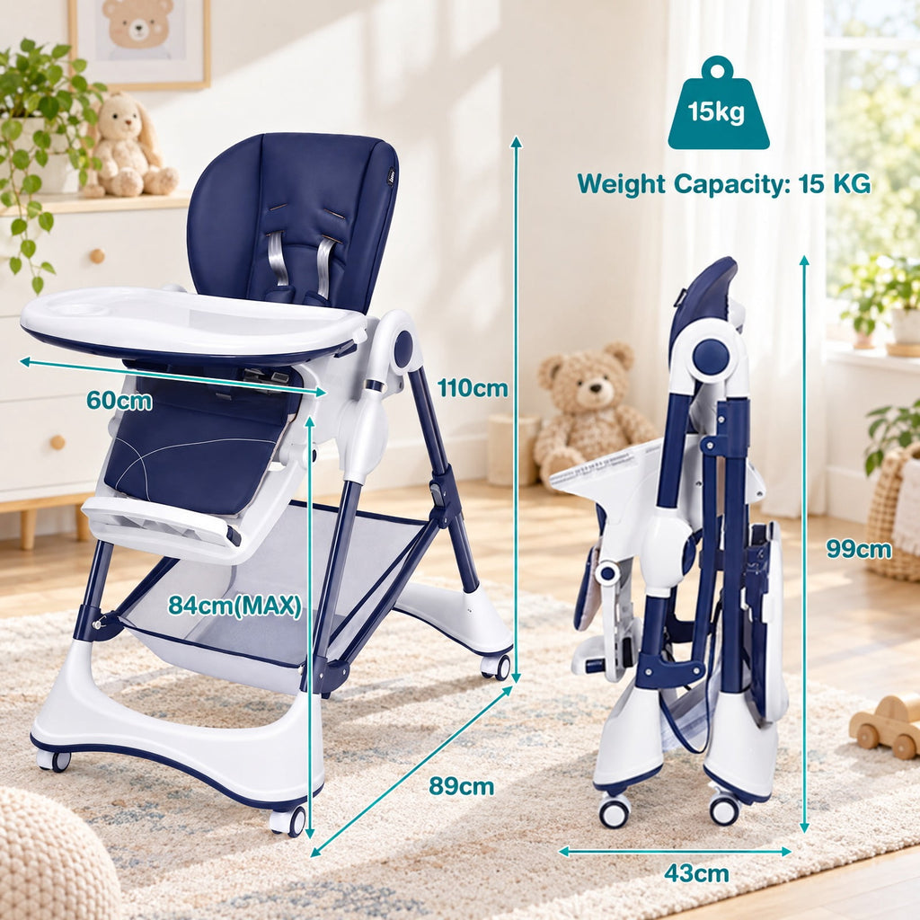 Airfind A-Shaped High Chair with 4 Lockable Wheels, 50 lbs Capacity, Iron Frame, for 0-36 months, 22 x 26 x 32 Footprint, Navy