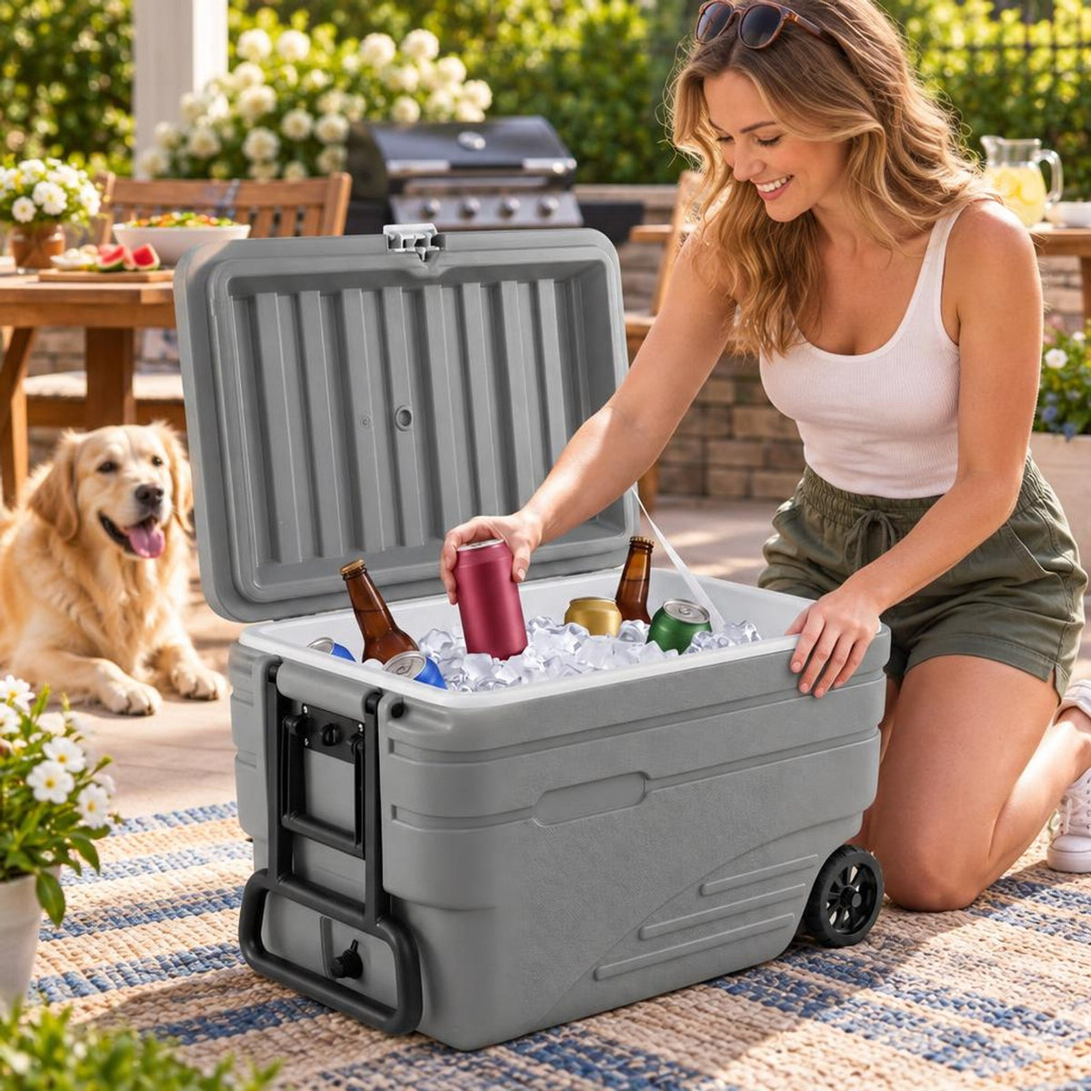 Airfind 103 Quart Outdoor Portable Wheeled Ice Cooler with Foldable Pull and Carry Handles, 330 lbs Capacity, HDPE PP PU TPE Frame, Gray