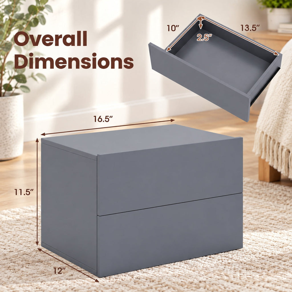 Airfind Floating Nightstand with 2 Storage Drawers Wall Mounted for Bedroom, 11 lbs Capacity, Engineered Wood Frame, 16.5in x 12in x 11.5in Footprint