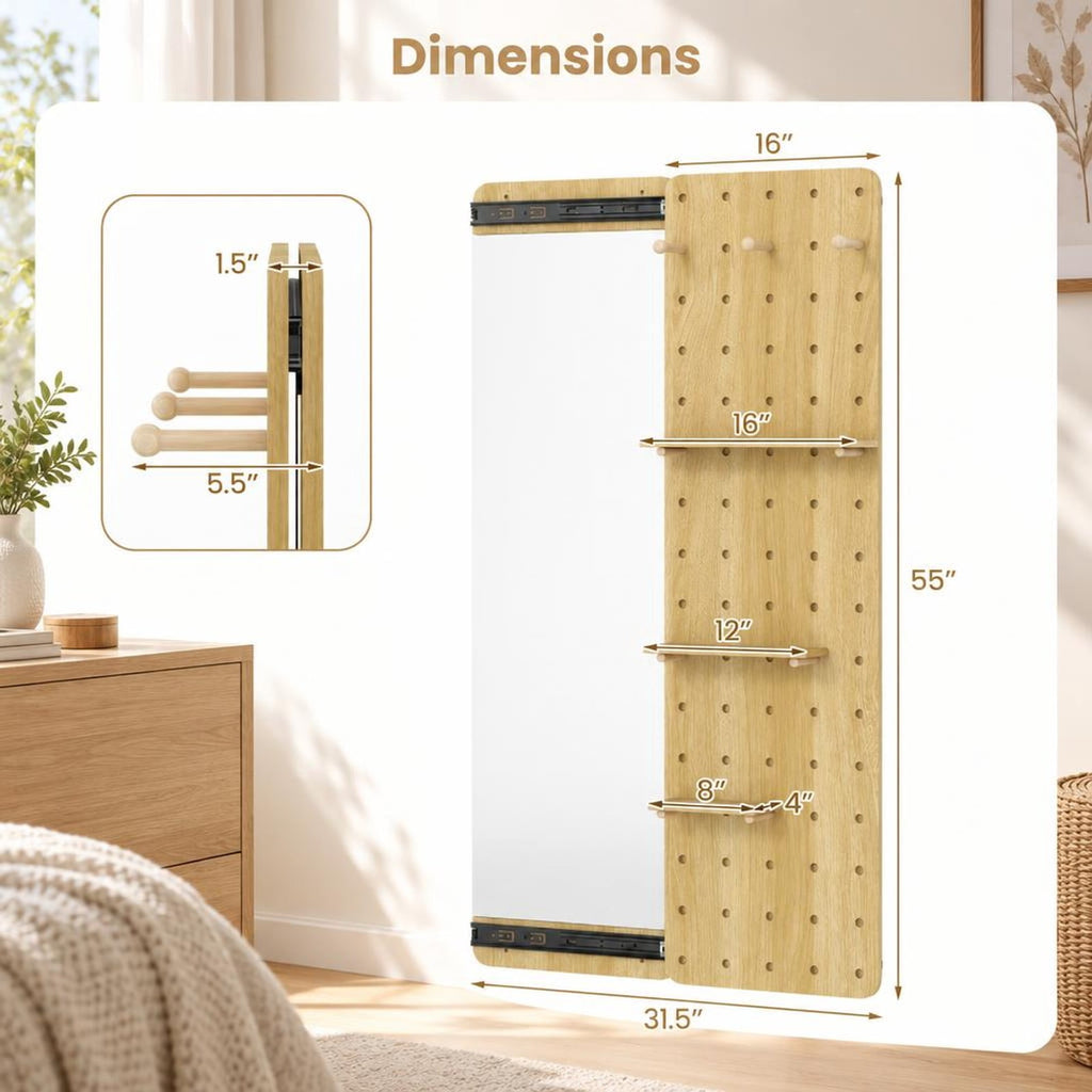 Airfind Solid Wood Full Length Mirror with Pegboard Shelves and Hooks for Entryway, Solid Wood Glass Frame, 16 x 5.5 x 55 Footprint, Natural