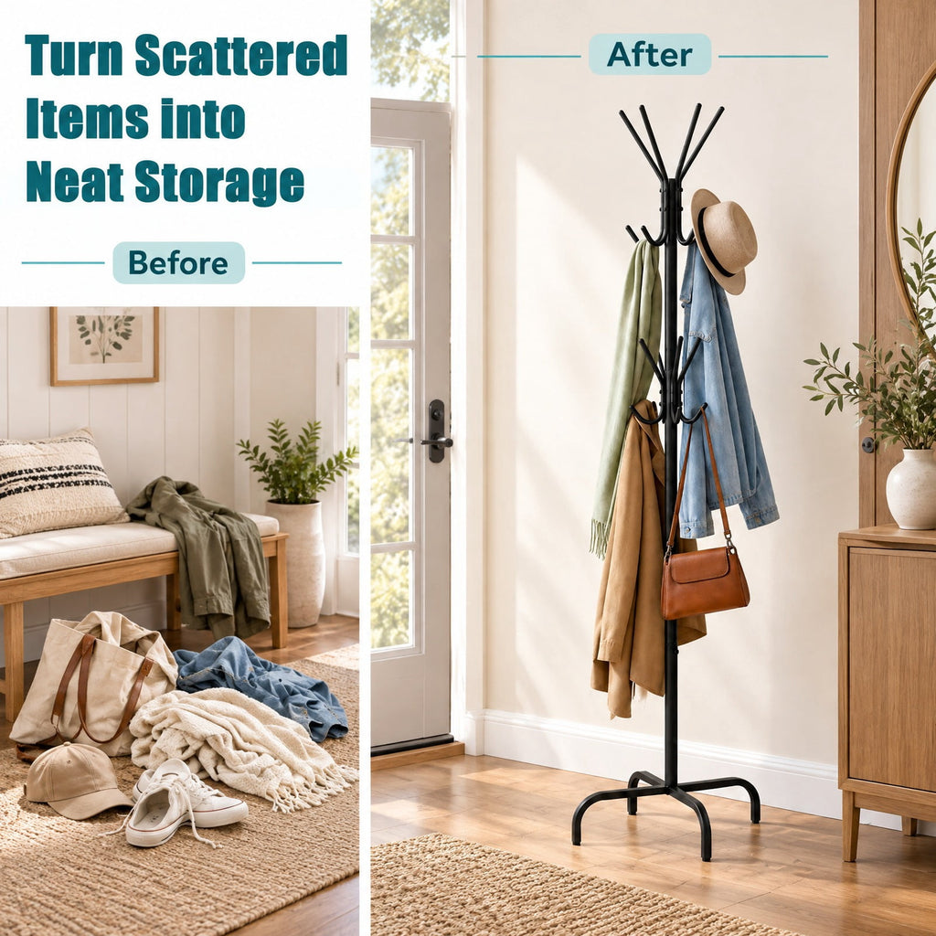 Airfind Metal Coat Rack Freestanding with 16 Hooks and 4 Legs for Entryway Office Bedroom, 6.5 lbs Capacity, Metal, 22 Inch x 22 Inch x 70 Inch
