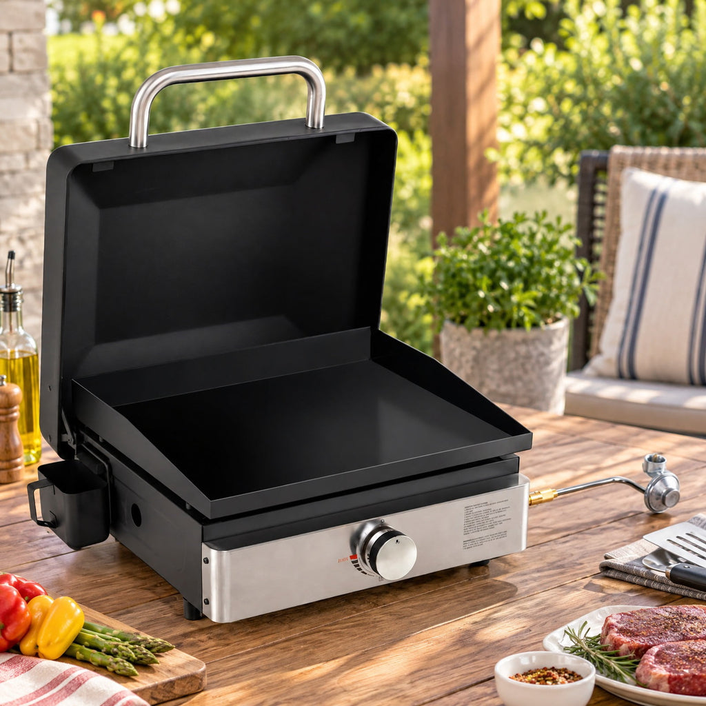 Airfind 1-Burner Portable Gas Griddle featuring Lid Non-stick Ceramic Griddle Plate, Ceramic Metal Stainless Steel Frame, Black