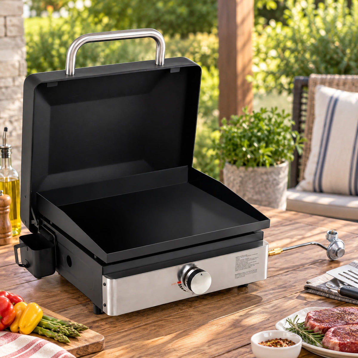 Airfind 1-Burner Portable Gas Griddle featuring Lid Non-stick Ceramic Griddle Plate, Ceramic Metal Stainless Steel Frame, Black
