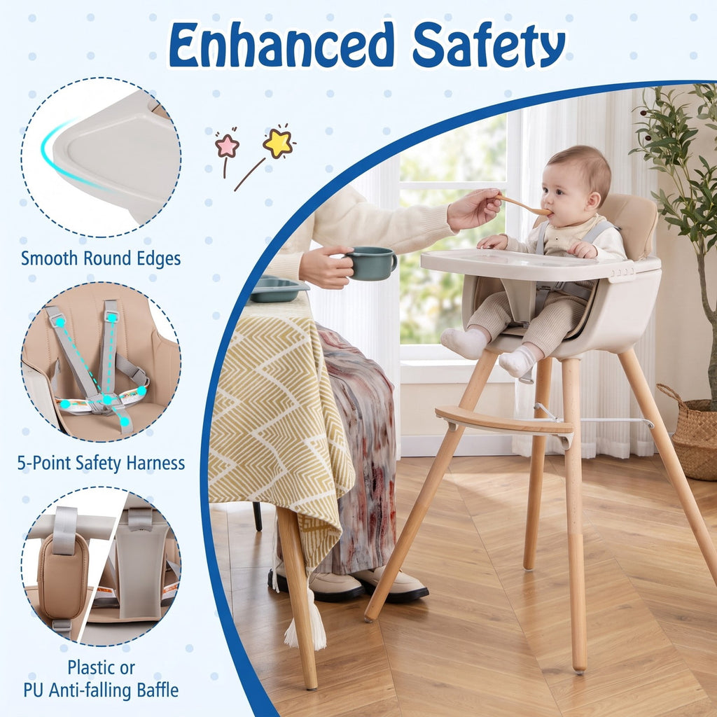 Airfind 6-in-1 Convertible Wooden Highchair with Safety Harness and Adjustable Legs, 33 Lbs with Beech PP PE PU Sponge Construction, Unspecified