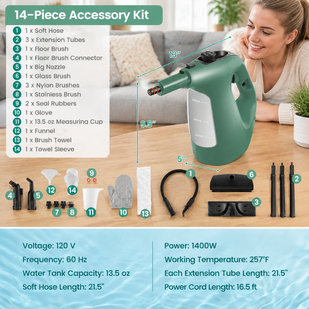 Airfind 1400W Handheld Steam Cleaner with 14-Piece Accessory Kit and Child Lock, PP Frame, 13 x 5 x 9.5 Footprint, Green