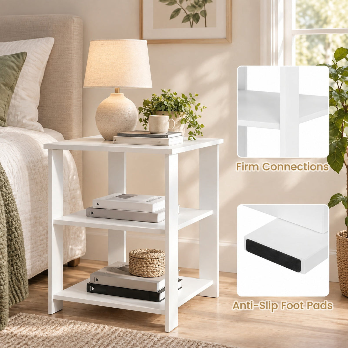 Airfind 3-Tier Modern Nightstand Square Side Table with Open Storage Shelves Set of 2, 66 lbs Capacity, Engineered Wood Frame, White