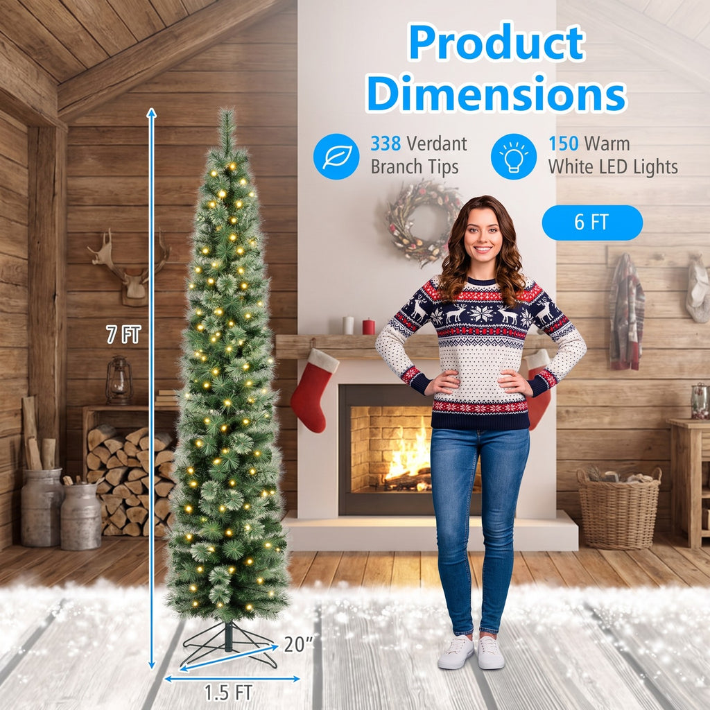Airfind 6/7/8 FT Pre-Lit Pencil Artificial Christmas Tree with 120/150/200 LED Warm White Lights and 8 Modes, White