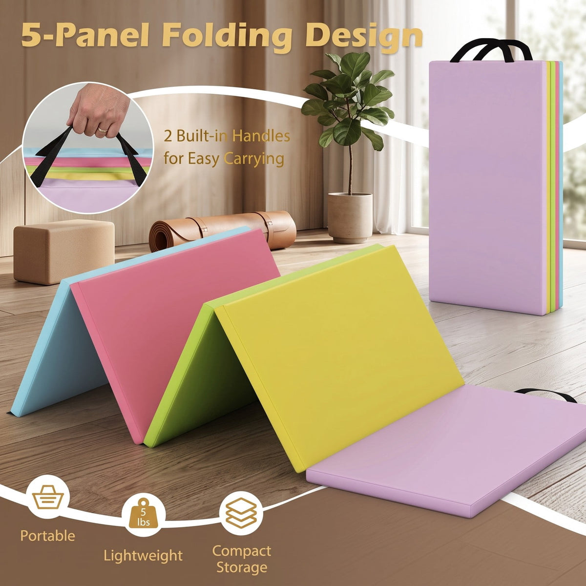 Airfind 5-Panel Folding Gymnastics Mat for Kids and Adults with Reinforced Handles for Home Tumbling and Yoga, Multicolor