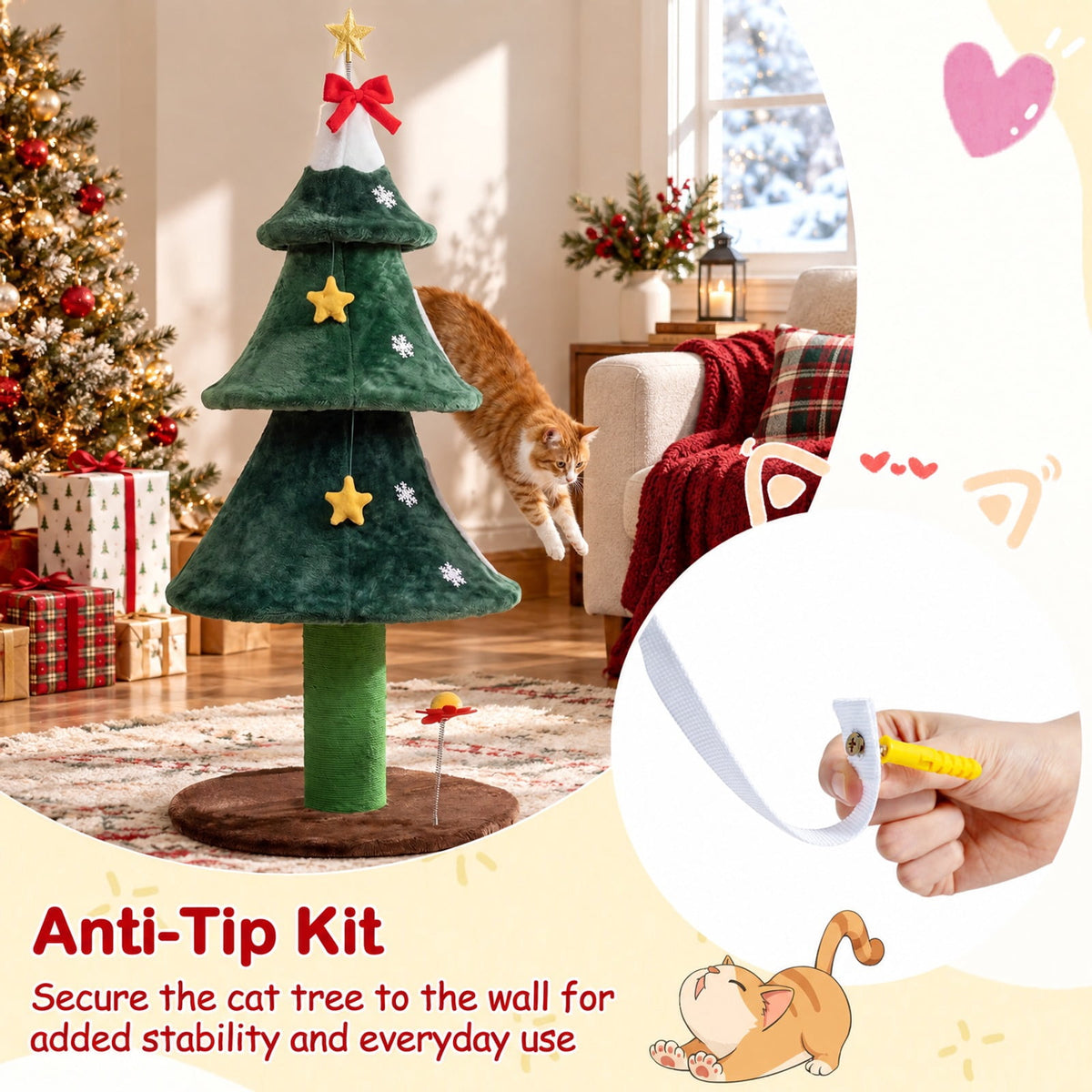 Airfind 54 Inch Christmas Cat Tree featuring 2 Private Condos for Indoor Cats, 22 lbs Capacity, Plush Fabric Frame, 23 Inch x 23 Inch x 54 Inch Footprint, Green