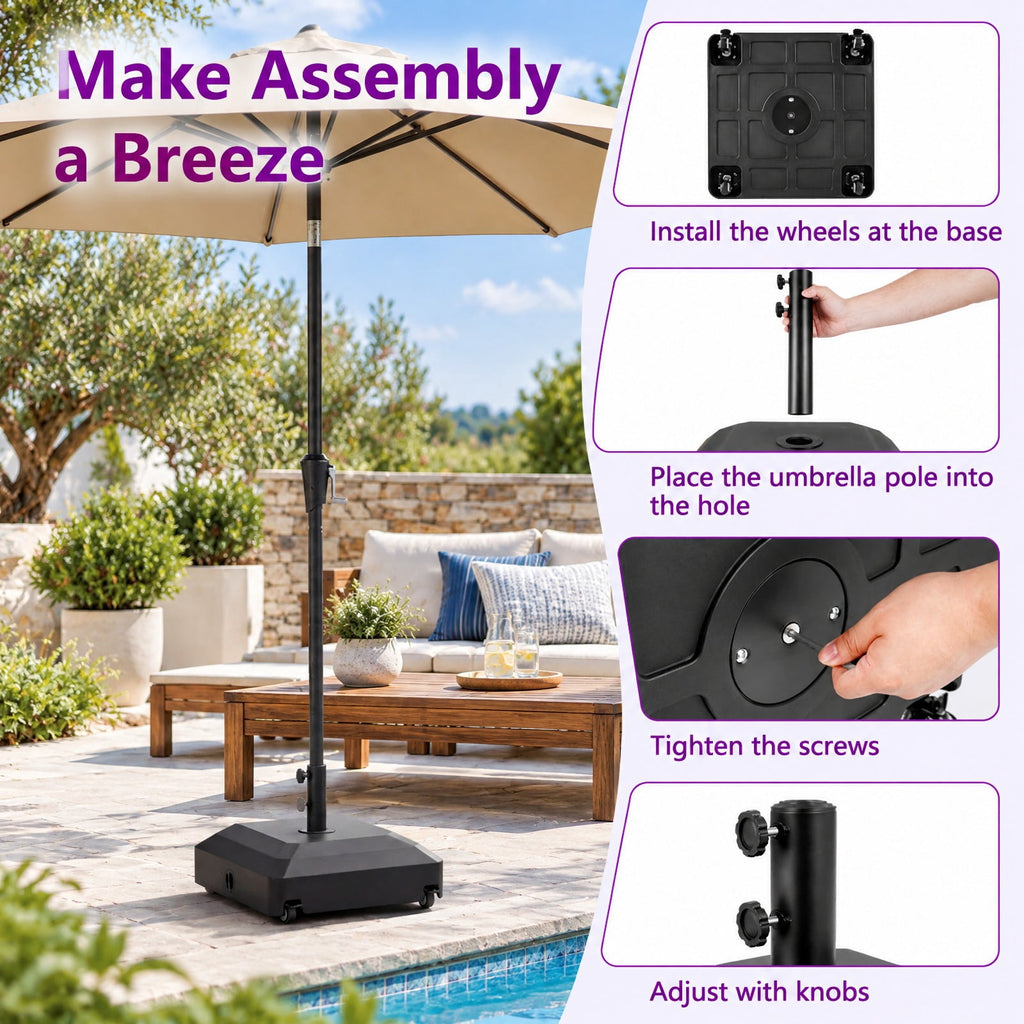 Airfind Outdoor Fillable Umbrella Base with Wheels Water Sand Weighted Umbrella Stand, PP Metal PVC Frame, 21.5 Inch x 21.5 Inch x 16 Inch Footprint, Black