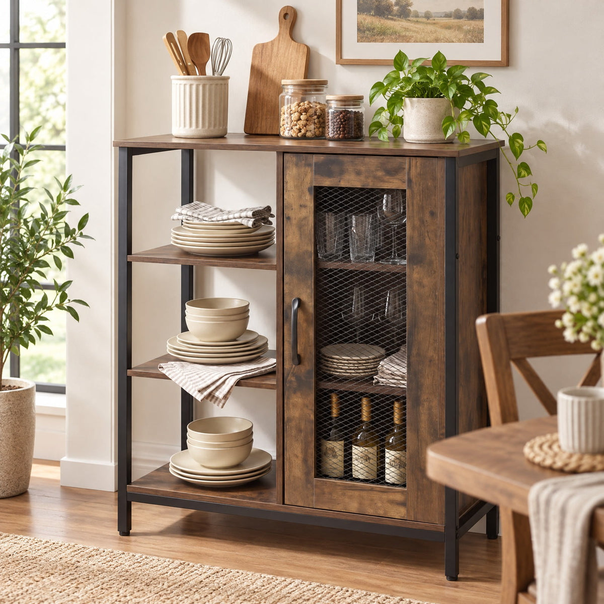 AIRFIND Storage Cabinet with Mesh Door, 3 Open Shelves and 2 Adjustable Interior Shelves, 27.5 in Industrial Buffet Sideboard, Rustic Brown