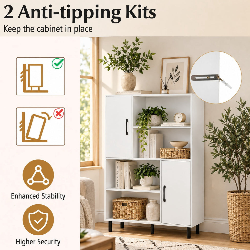 Airfind 47 Inch Storage Cabinet Freestanding Bookcase with 2 Doors and 4 Open Shelves, 176 lbs Capacity, Engineered Wood MDF Metal Frame, White