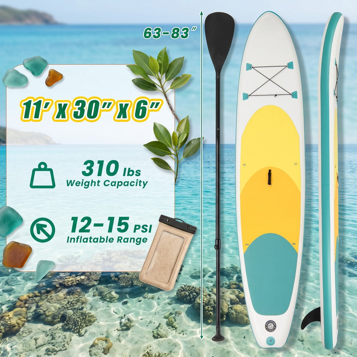 Airfind 11 Foot Inflatable Stand Up Paddle Board with Retractable Paddle Backpack and Ankle Leash for Adults, White and Yellow