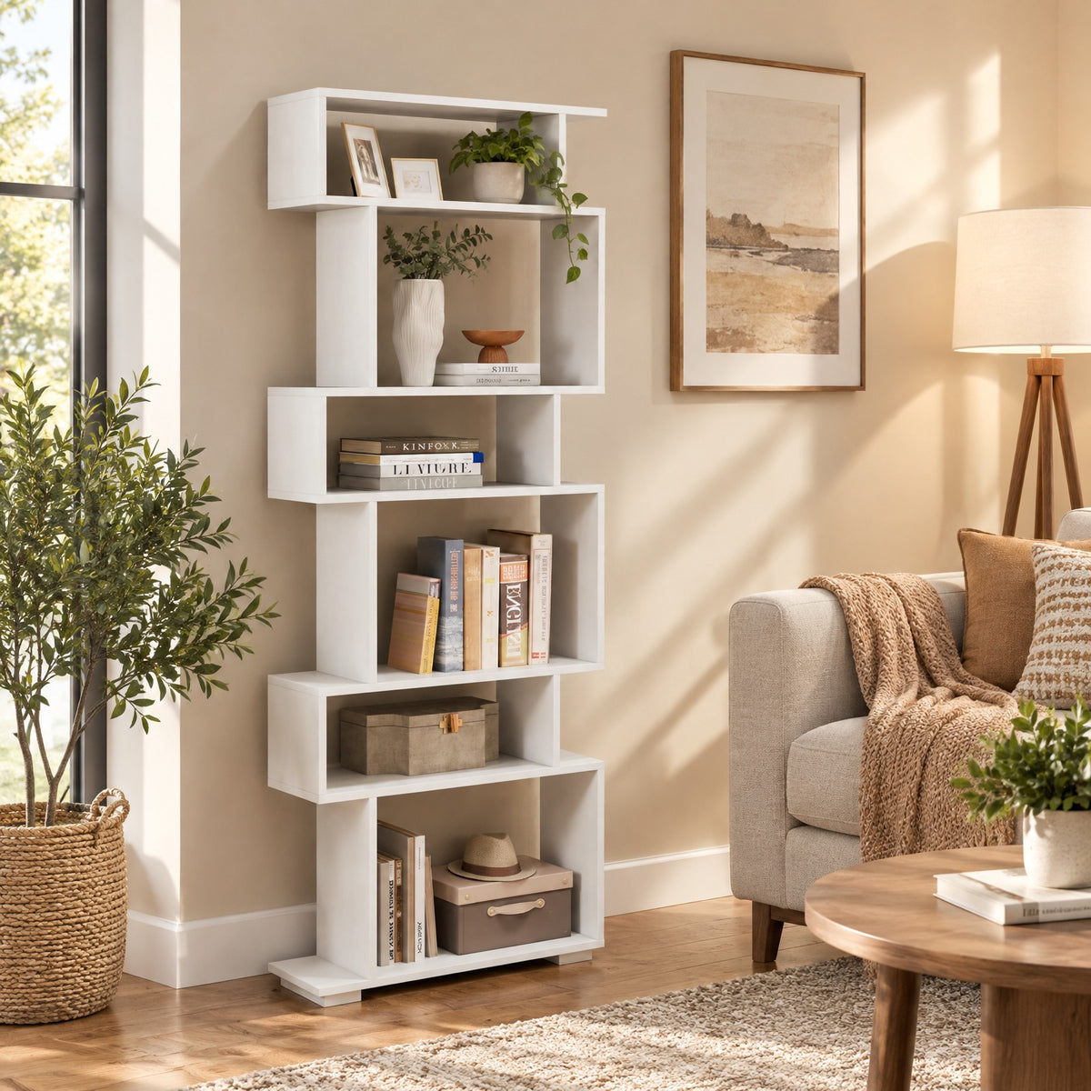 Airfind 6-Tier Geometric Bookshelf with 2 Anti-Tipping Kits for Home Office, 11 lbs Capacity, Engineered Wood Frame, 24 x 8 x 64 Footprint, White