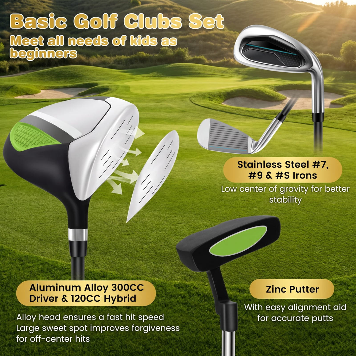 Airfind Junior Complete Golf Club Set with Stand Bag and Rain Hood and Padded Dual Shoulder Straps for Kids Ages 11 to 13, Green