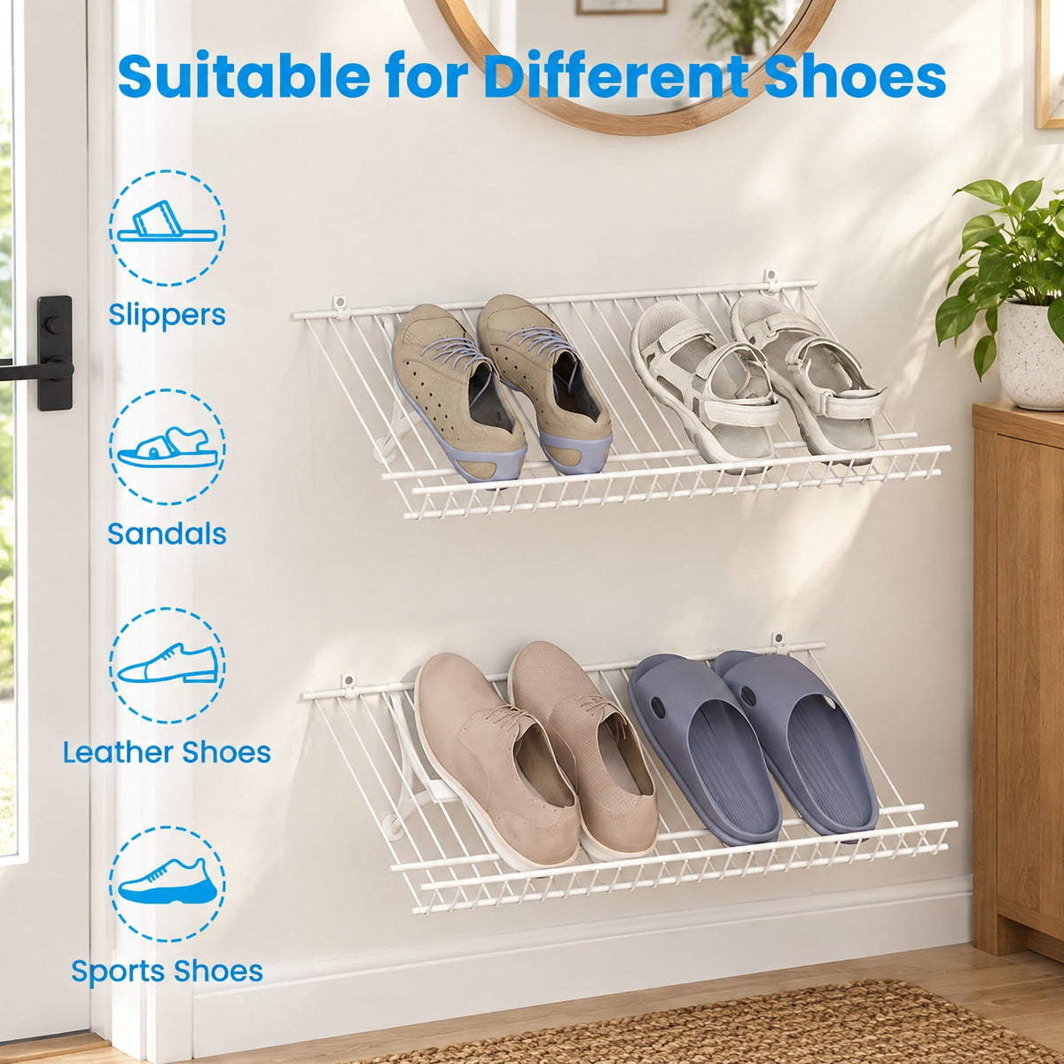 Airfind Closet Shelves Wall Mounted Set of 2 Metal Wire Shoe Racks, 11 lbs Capacity, Metal Frame, 24 Inch x 12 Inch x 1 Inch Footprint, White