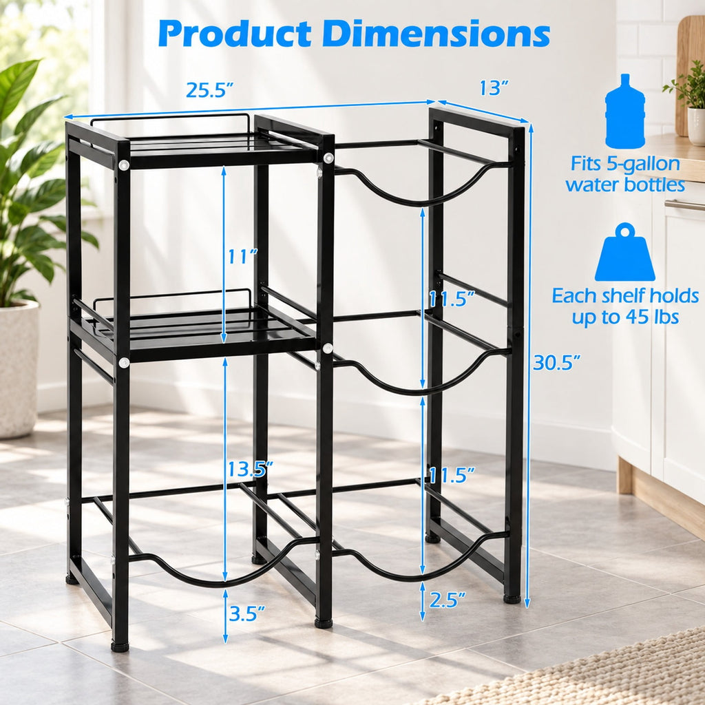 Airfind 3-Tier 5 Gallon Water Jug Holder with Shelves, 45 lbs Capacity, Carbon Steel Frame, Black, 4 bottle slots for 5-gallon water bottles