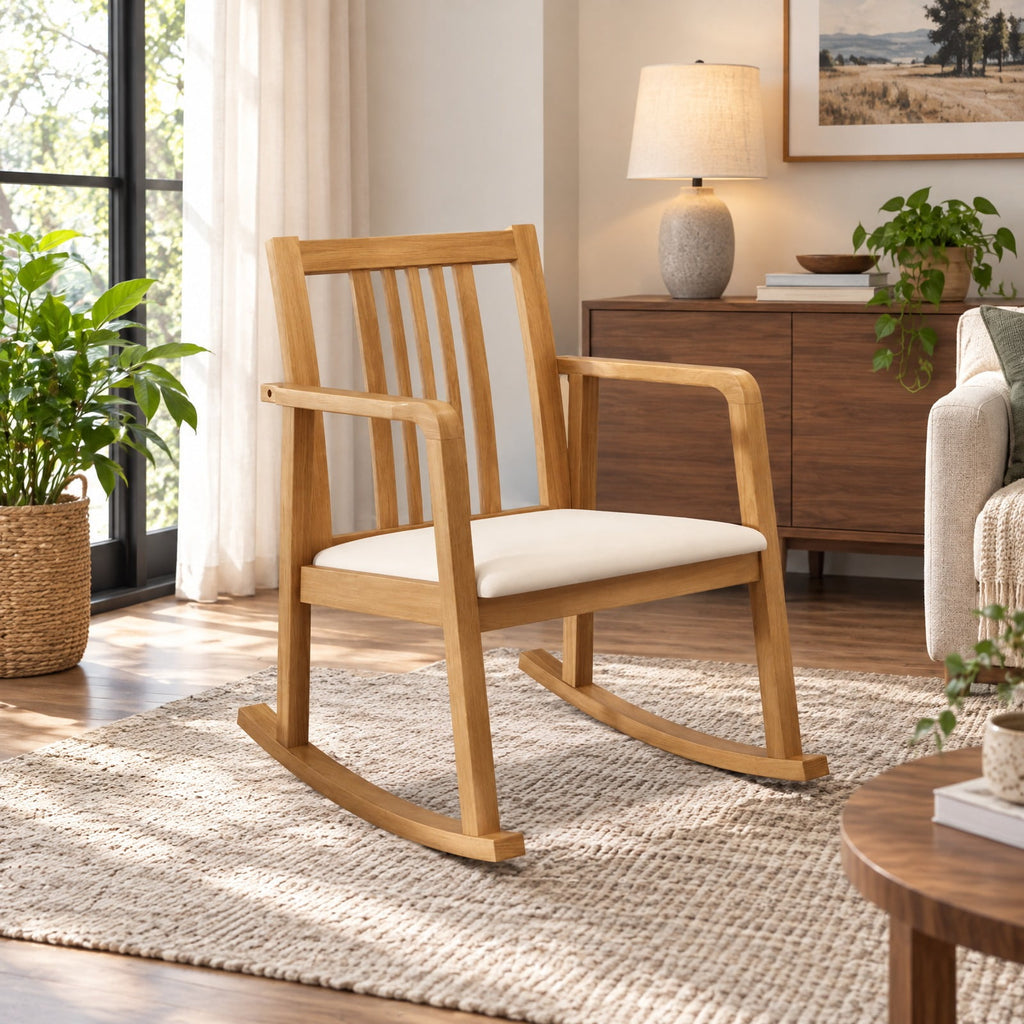 Airfind Rocking Chair with Slatted Back and Curved Armrests, 400 lbs Capacity, Rubber Wood Linen Fabric Sponge MDF Frame, 28 x 24 x 31 Footprint
