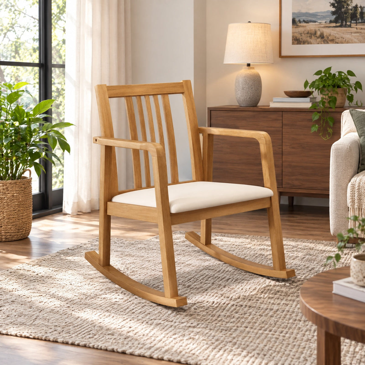 Airfind Rocking Chair with Slatted Back and Curved Armrests, 400 lbs Capacity, Rubber Wood Linen Fabric Sponge MDF Frame, 28 x 24 x 31 Footprint